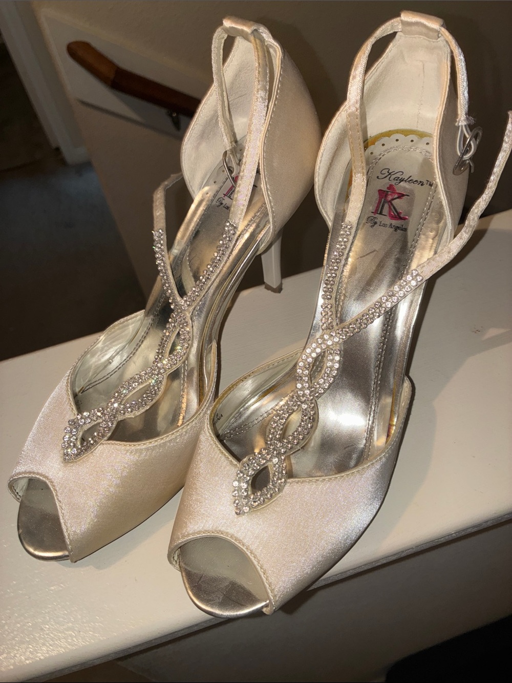 KAYLEEN By Los Angeles Ivory Satin Peep-Toe Rhinestone T-Strap Heels
